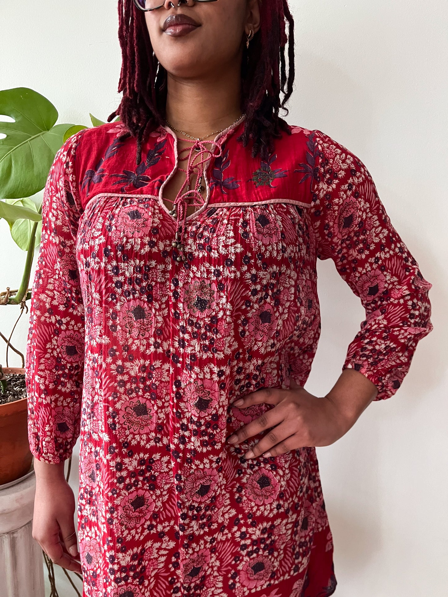 1970s Vintage Indian Cotton Rose Block Print Tunic Dress
