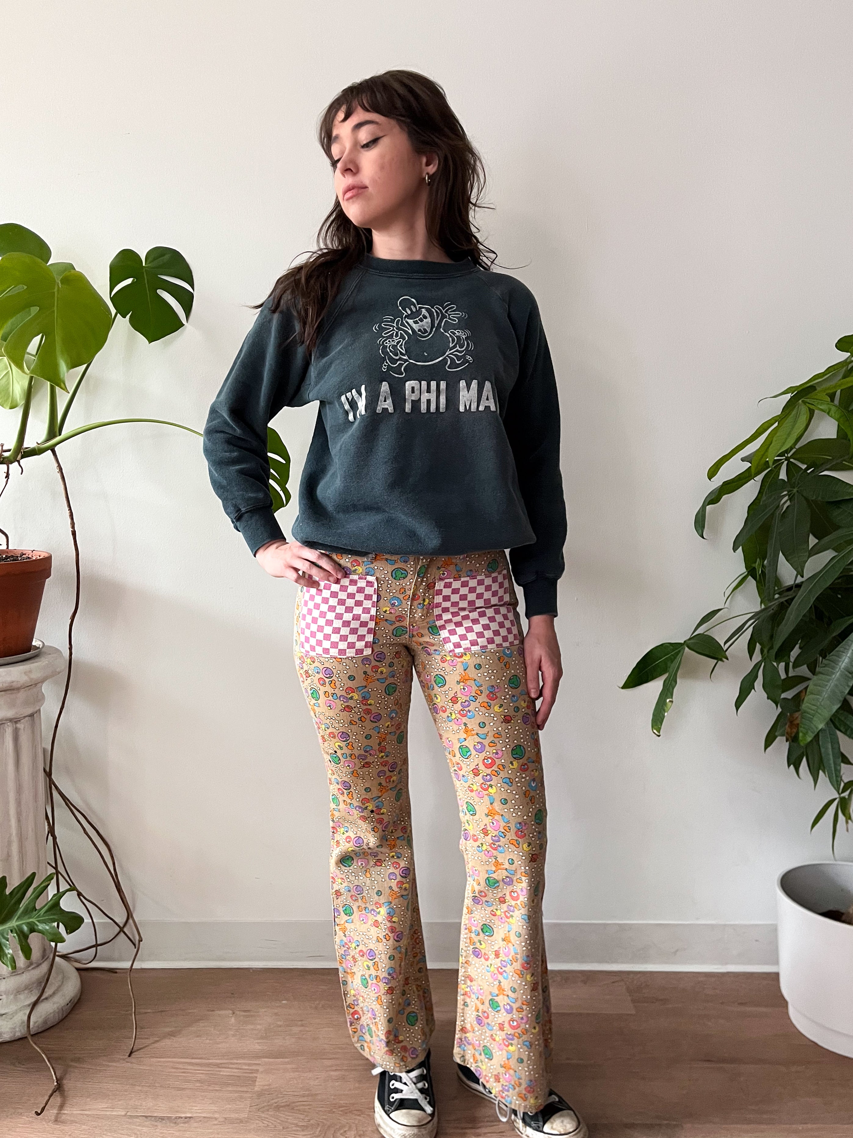 1960s Vintage I'm A Phi Man Flocked Gusseted Crewneck Sweatshirt