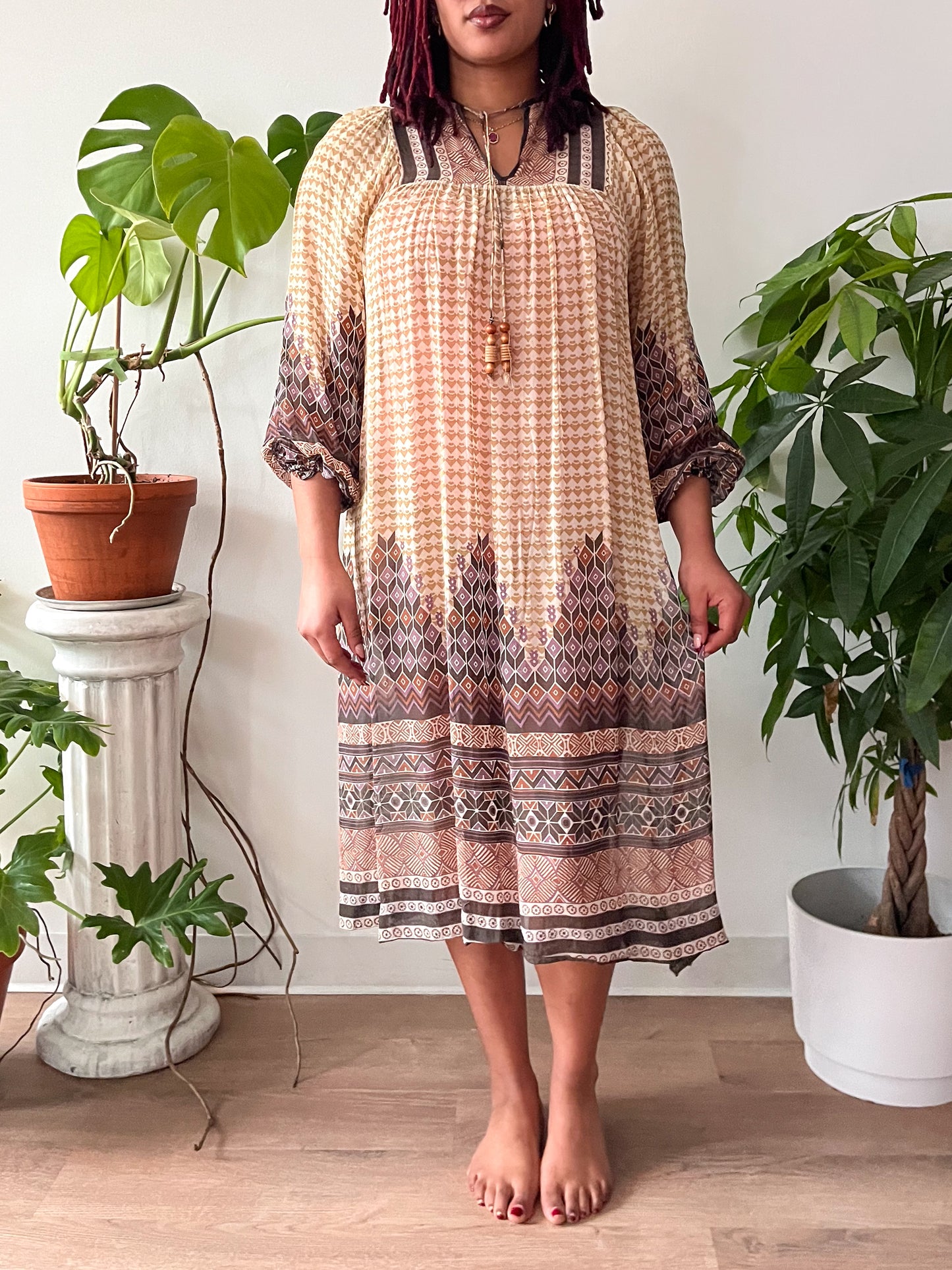 1970s Vintage Patterned Sheer Tunic Hippie Dress with Wood Bead Neck Tie