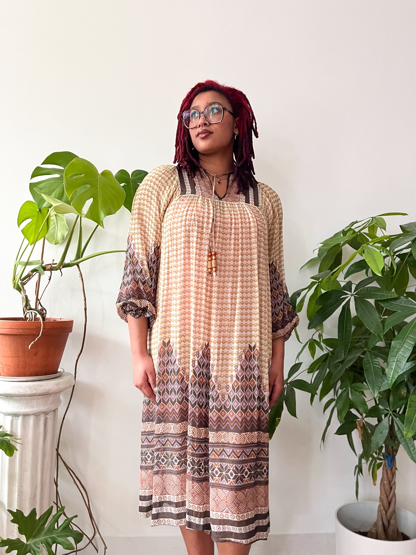 1970s Vintage Patterned Sheer Tunic Hippie Dress with Wood Bead Neck Tie