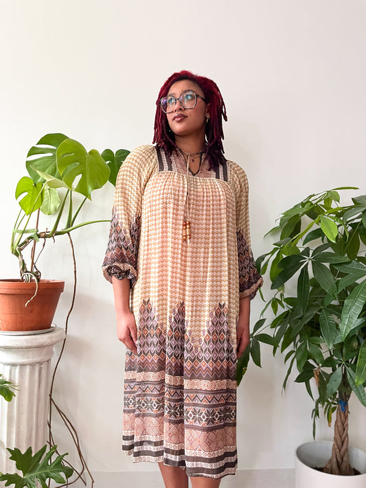 1970s Vintage Patterned Sheer Tunic Hippie Dress with Wood Bead Neck Tie