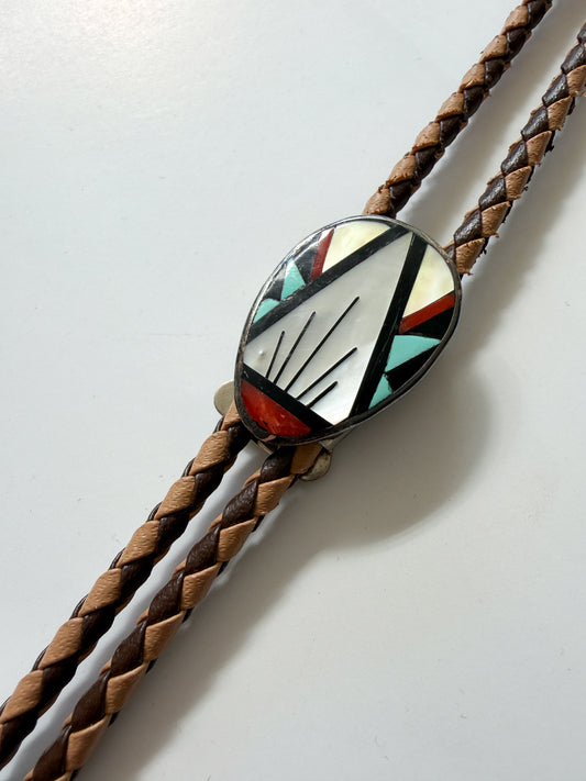 1970s Vintage John Q. Bowannie Inlay Stone Geometric Pyramid Zuni Native American Bolo Tie Necklace