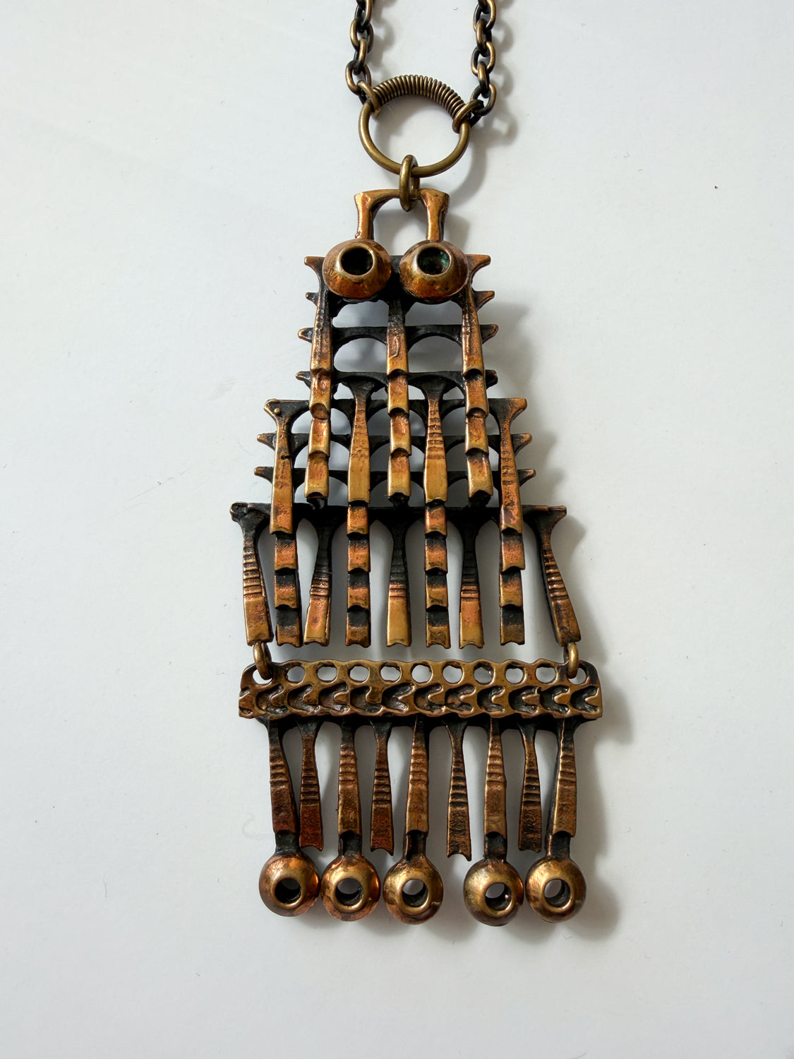 1960s Vintage Mid-Century Brutalist Copper Statement Owl Necklace by Pentti Sarpaneva