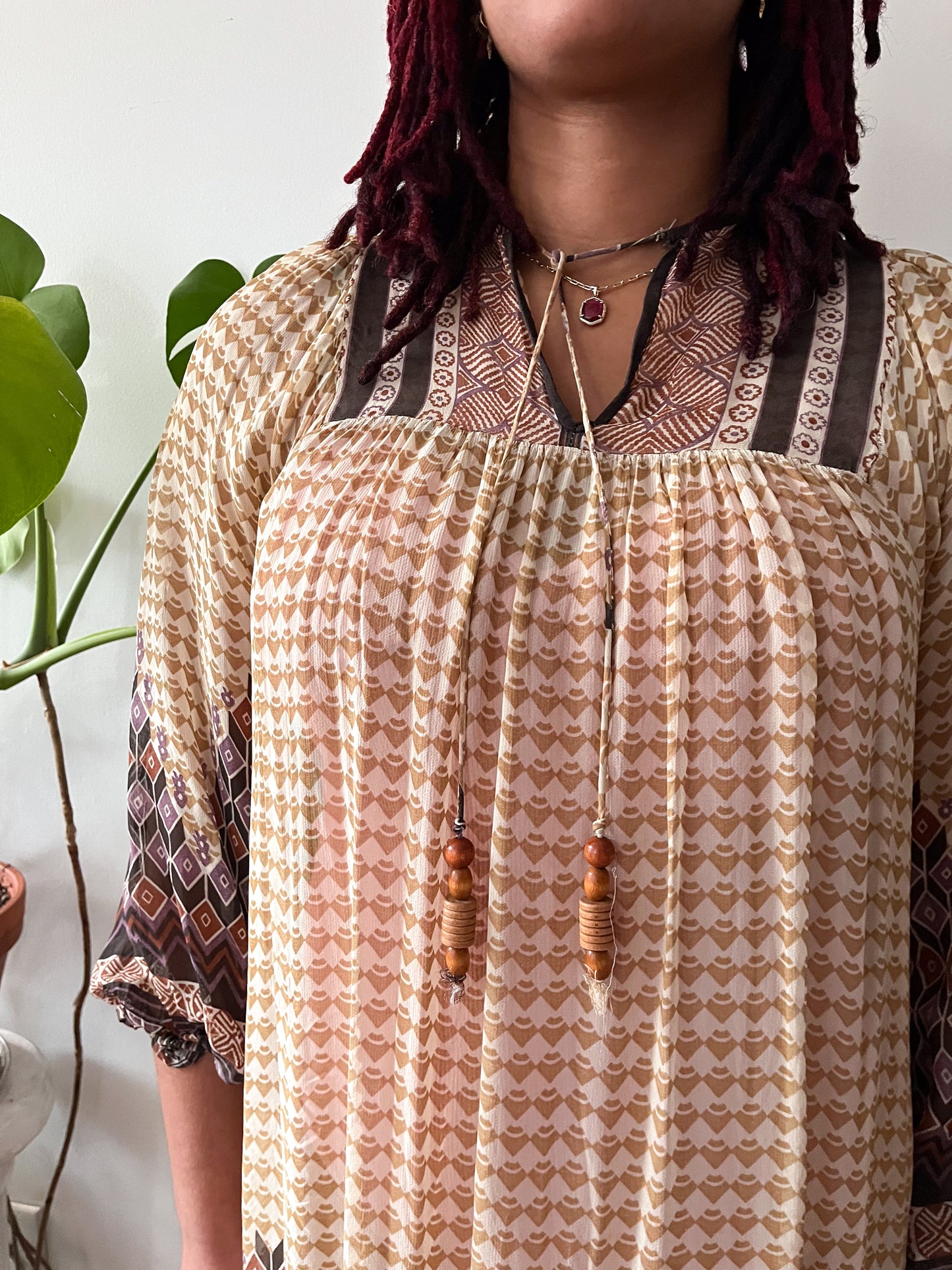 1970s Vintage Patterned Sheer Tunic Hippie Dress with Wood Bead Neck Tie