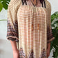 1970s Vintage Patterned Sheer Tunic Hippie Dress with Wood Bead Neck Tie