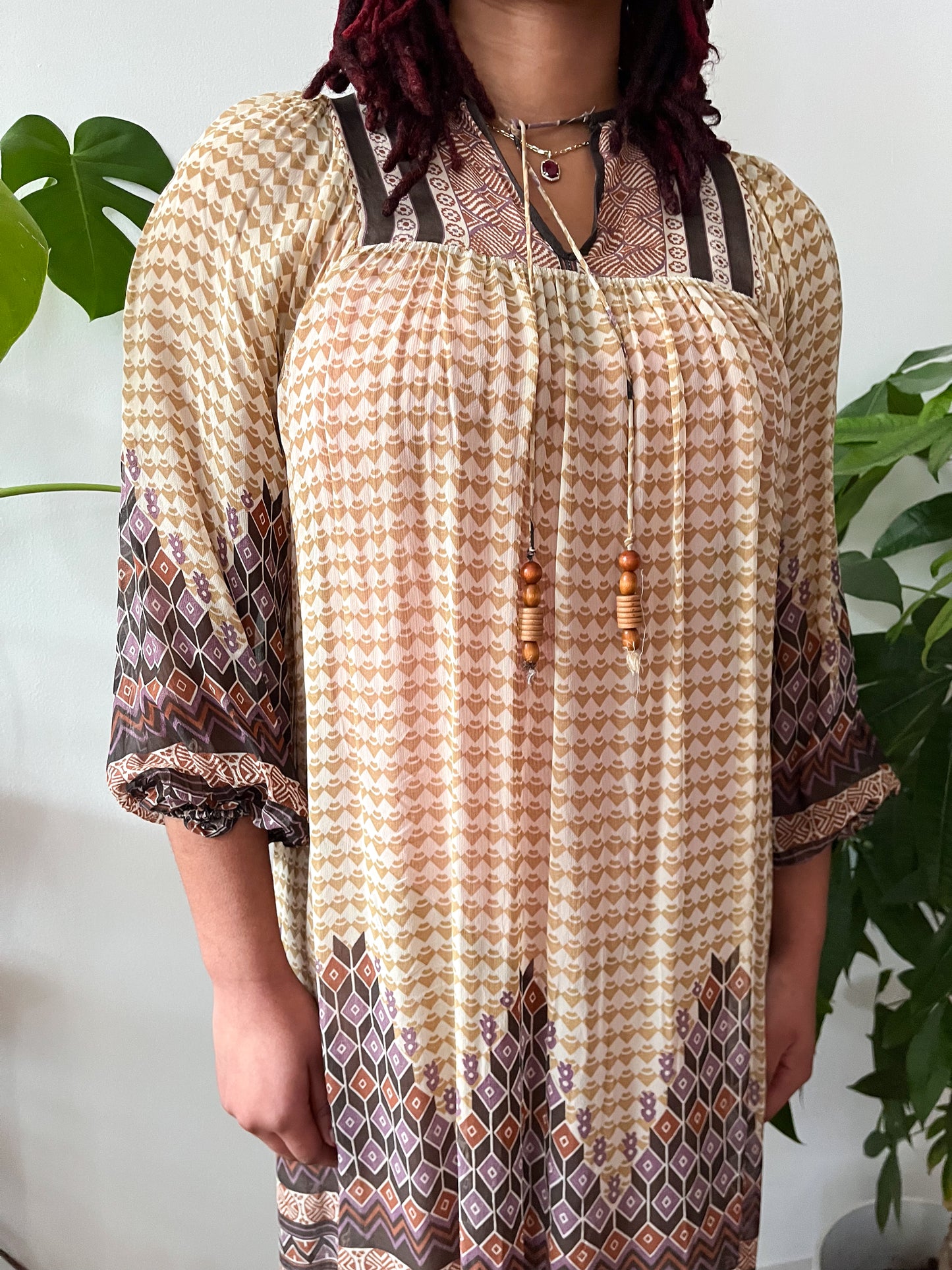 1970s Vintage Patterned Sheer Tunic Hippie Dress with Wood Bead Neck Tie