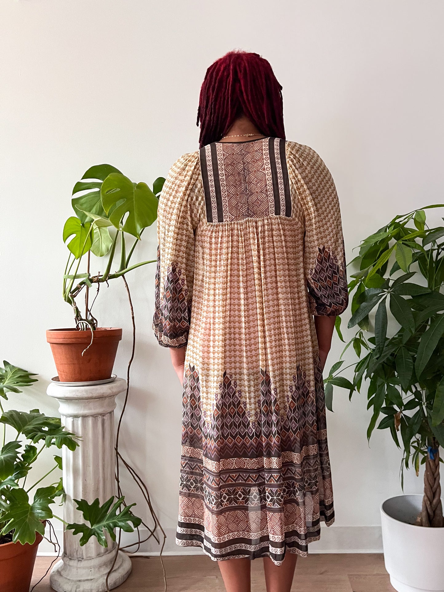 1970s Vintage Patterned Sheer Tunic Hippie Dress with Wood Bead Neck Tie