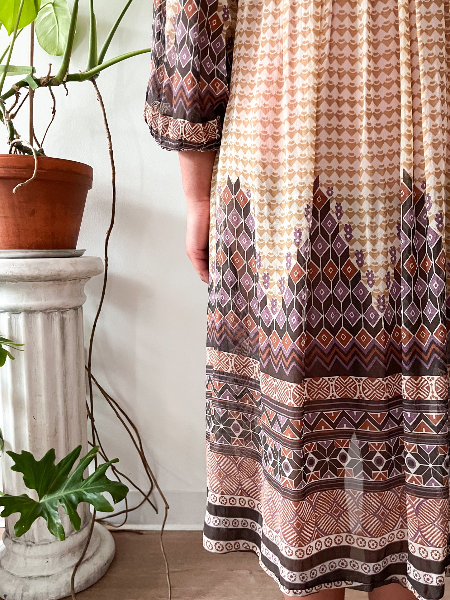 1970s Vintage Patterned Sheer Tunic Hippie Dress with Wood Bead Neck Tie