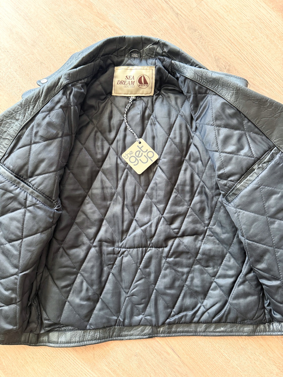 1980s Vintage Black Leather Quilted Motorcycle Jacket by Sea Dream