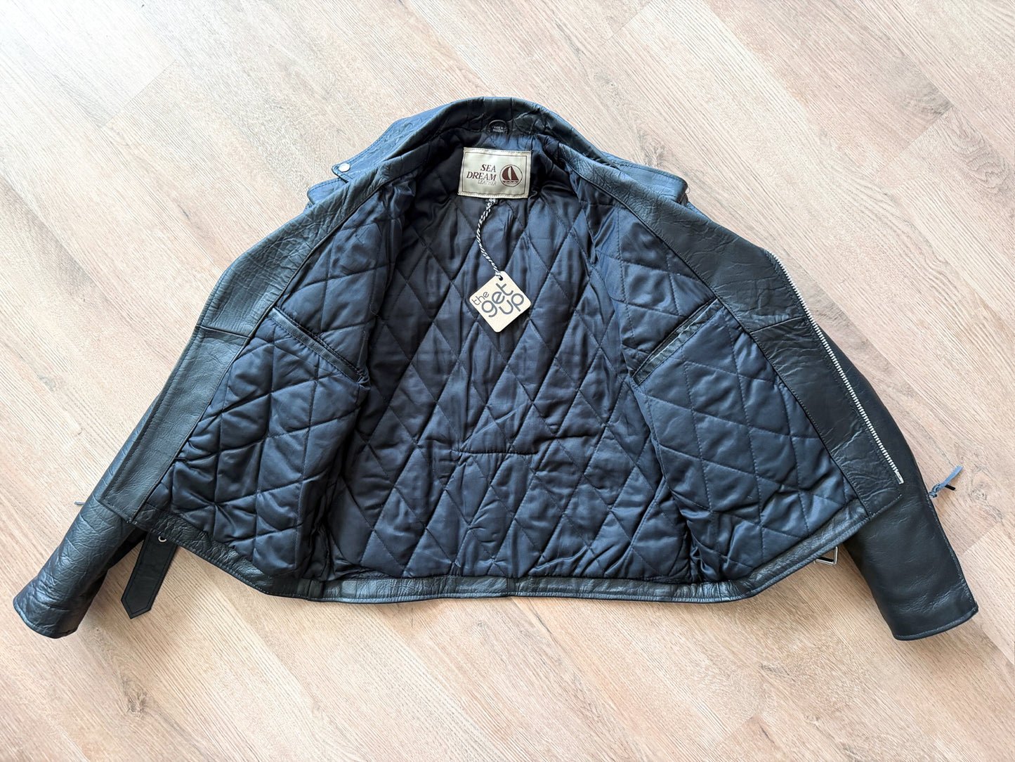 1980s Vintage Black Leather Quilted Motorcycle Jacket by Sea Dream