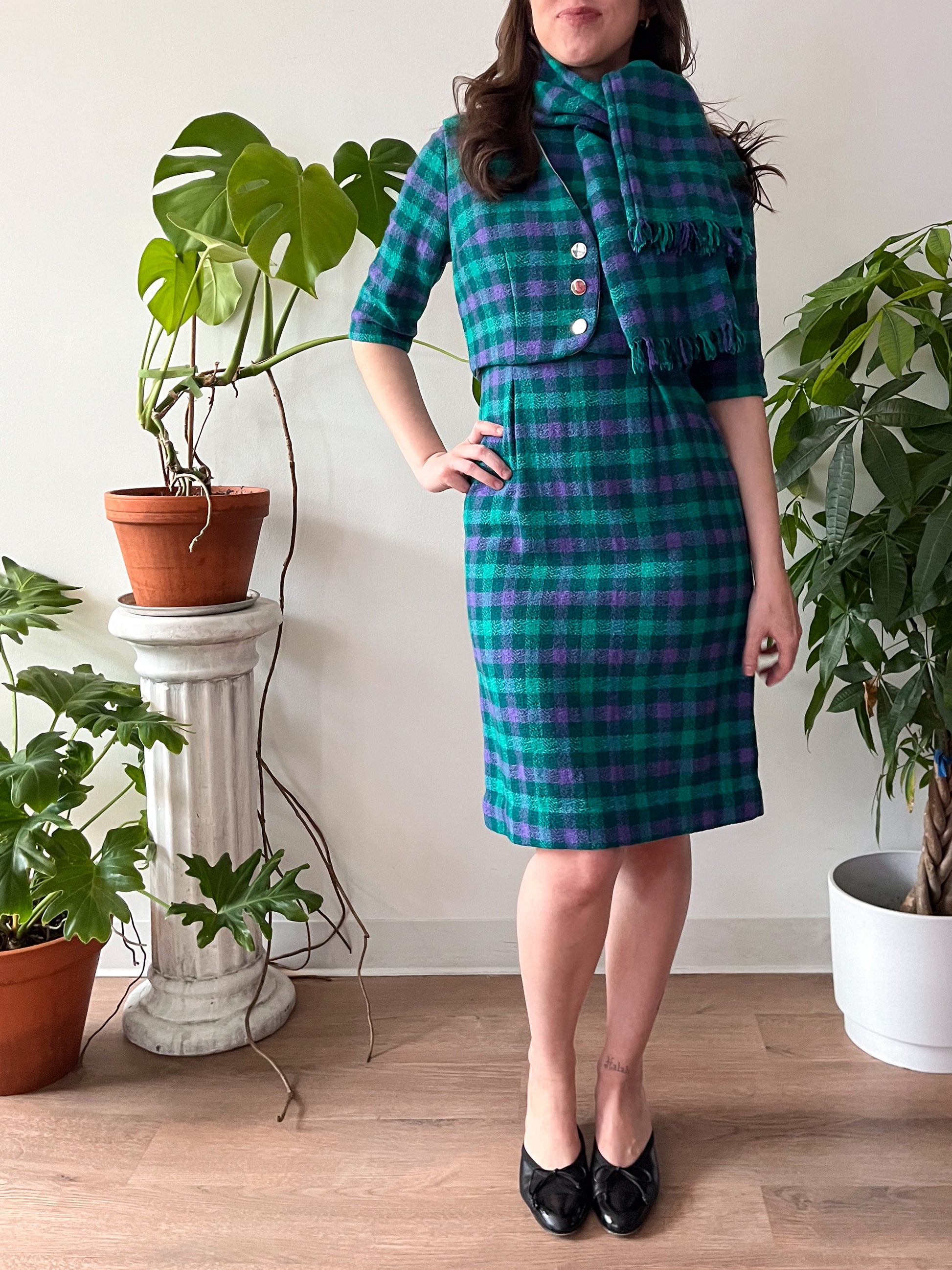 1950s Vintage Purple & Green Plaid Wool Dress, Vest, and Scarf 3 Piece Set 1950s Vintage Purple & Green Plaid Wool Dress, Vest, and Scarf 3 Piece Set