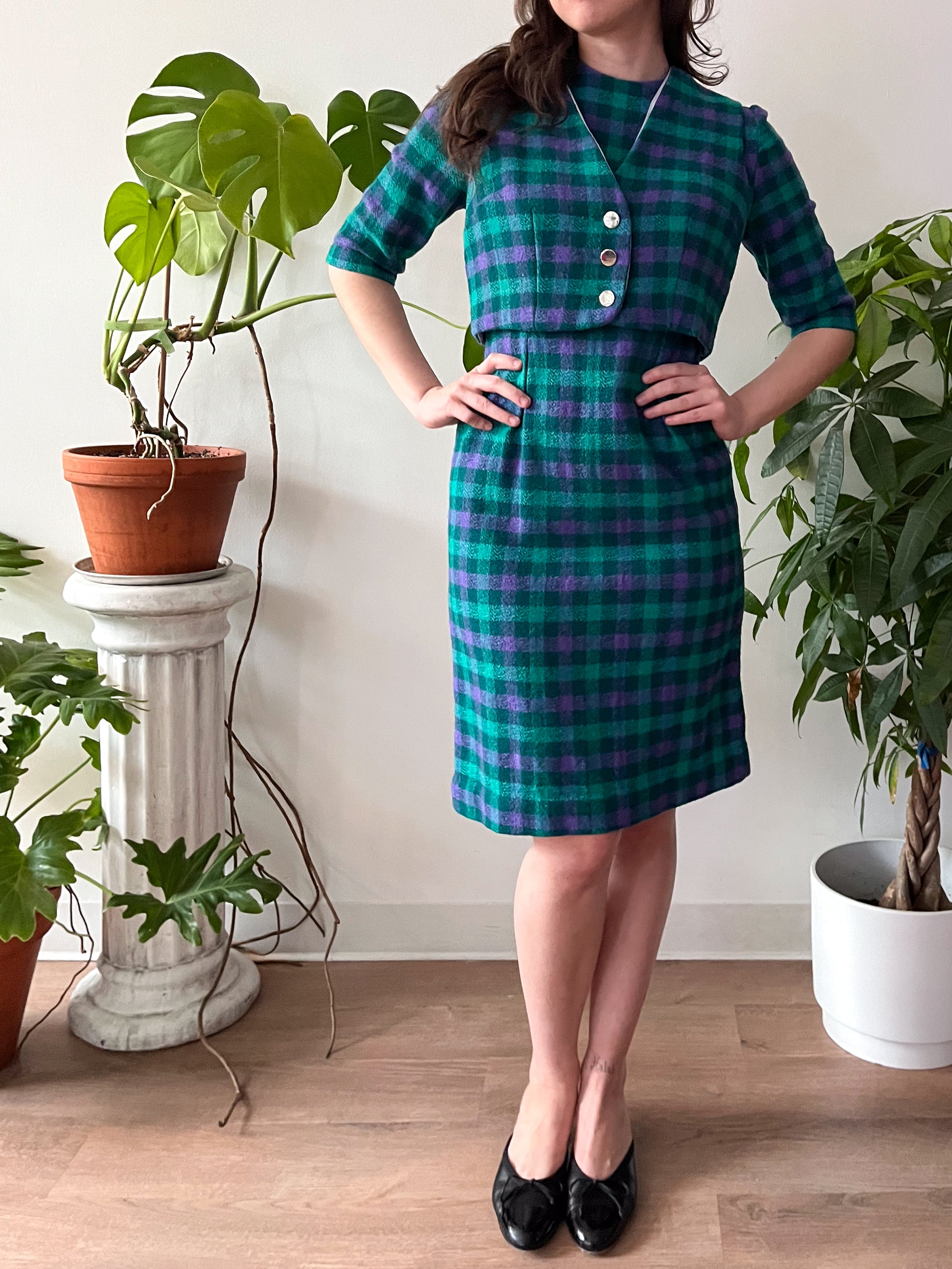 1950s Vintage Purple & Green Plaid Wool Dress, Vest, and Scarf 3 Piece The Getup Vintage 1950s Vintage Purple & Green Plaid Wool Dress, Vest, and Scarf 3 Piece The Getup Vintage