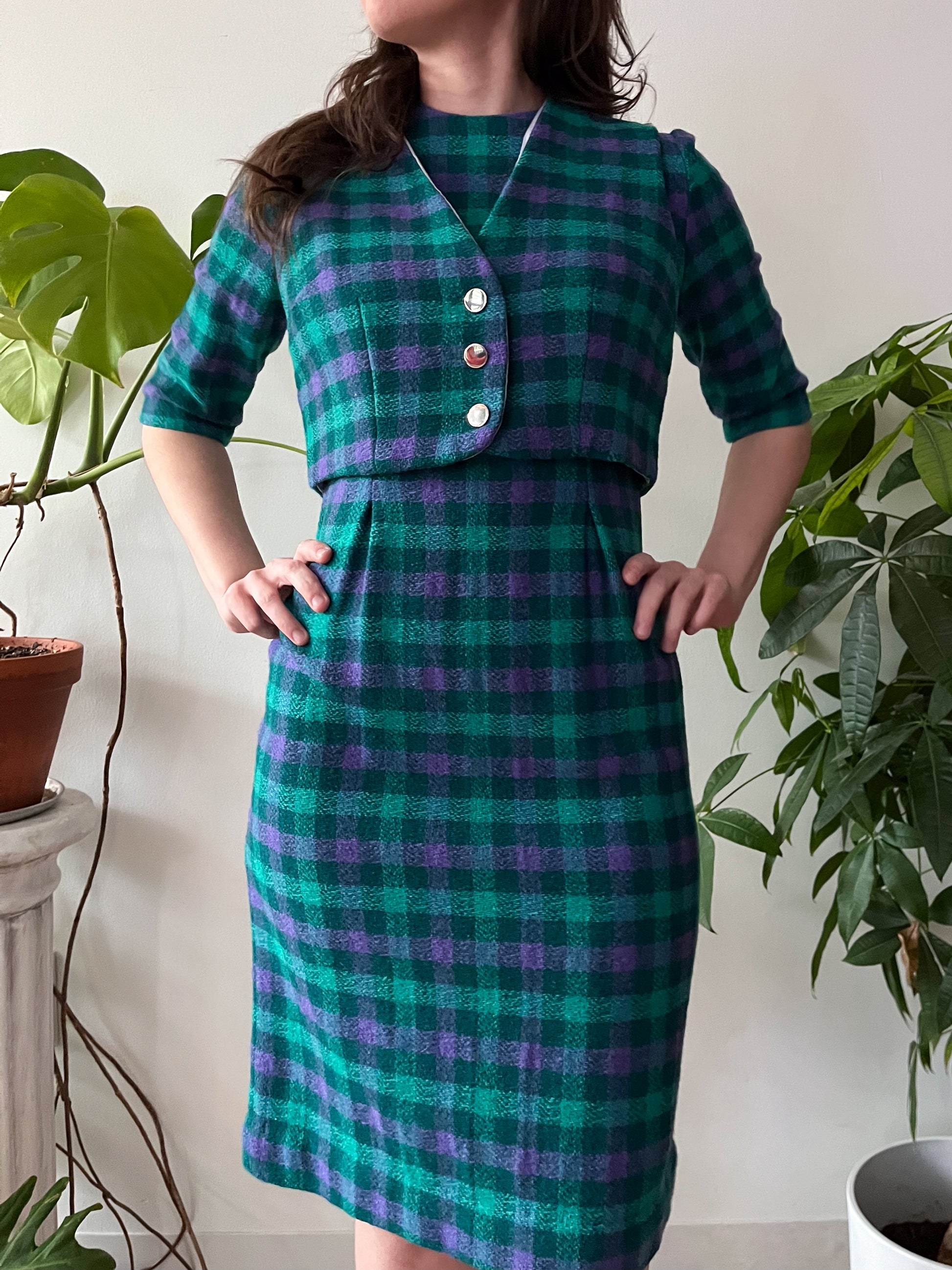 1950s Vintage Purple & Green Plaid Wool Dress, Vest, and Scarf 3 Piece The Getup Vintage 1950s Vintage Purple & Green Plaid Wool Dress, Vest, and Scarf 3 Piece The Getup Vintage