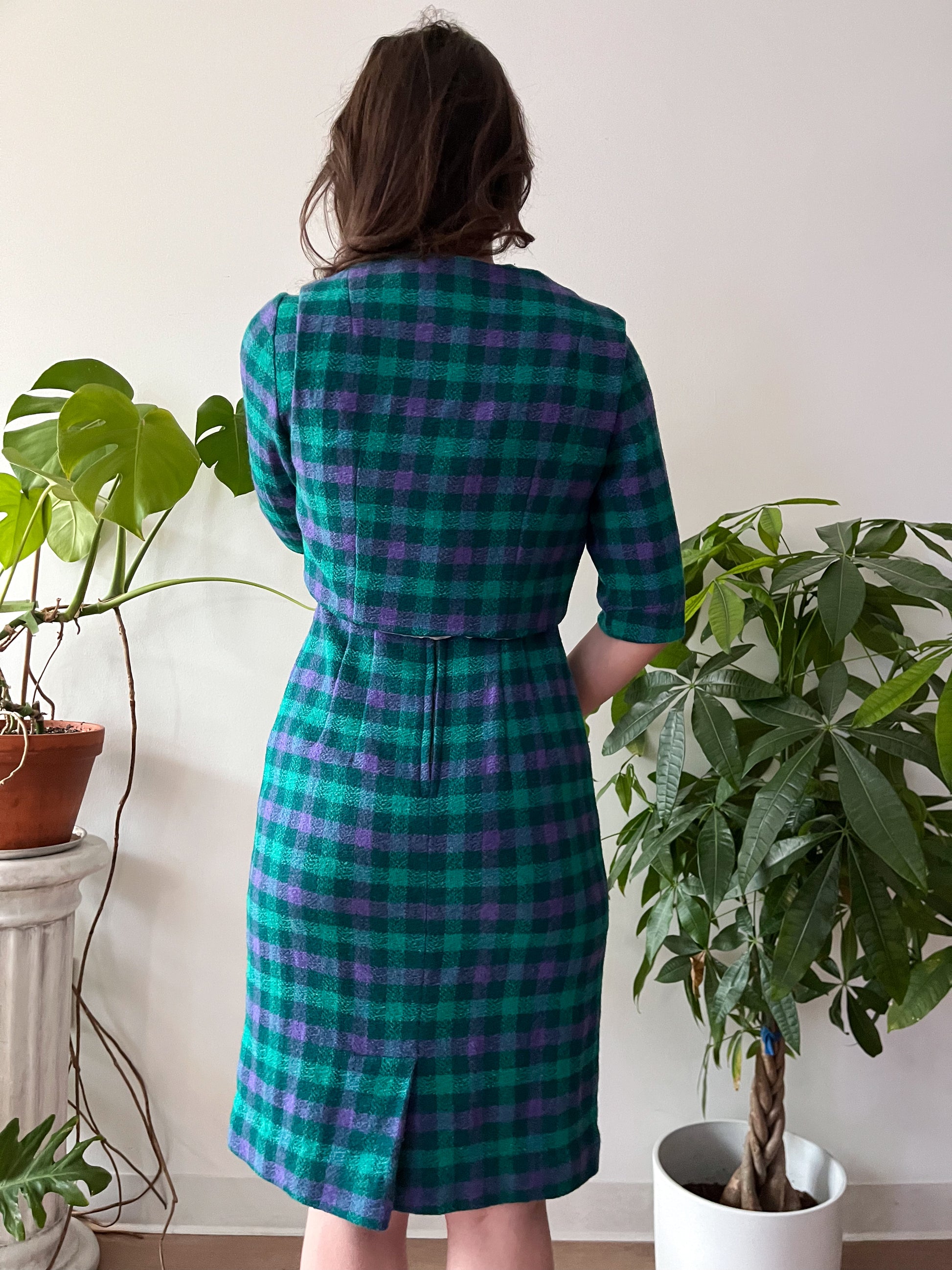 1950s Vintage Purple & Green Plaid Wool Dress, Vest, and Scarf 3 Piece Set