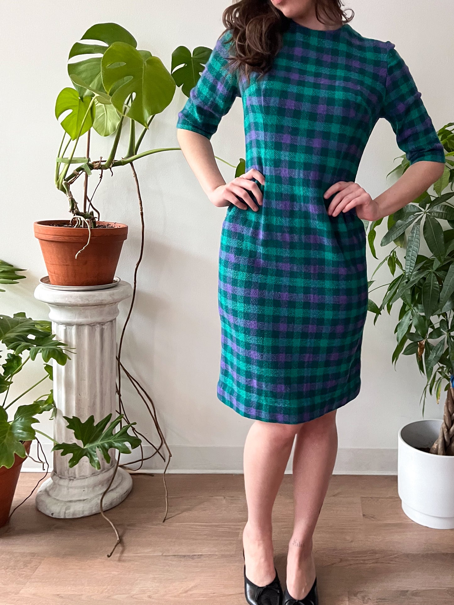 1950s Vintage Purple & Green Plaid Wool Dress, Vest, and Scarf 3 Piece Set