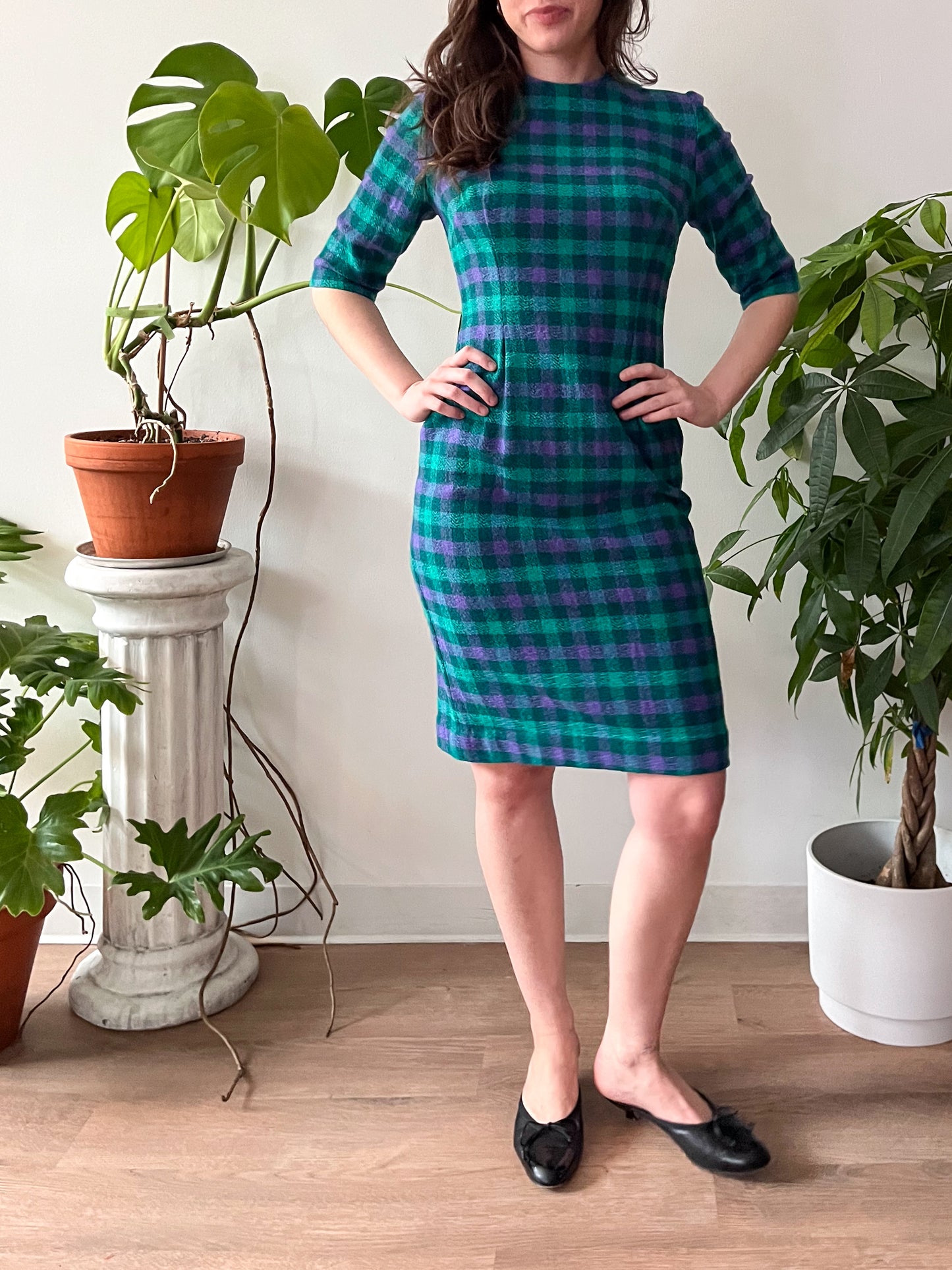 1950s Vintage Purple & Green Plaid Wool Dress, Vest, and Scarf 3 Piece Set 1950s Vintage Purple & Green Plaid Wool Dress, Vest, and Scarf 3 Piece Set