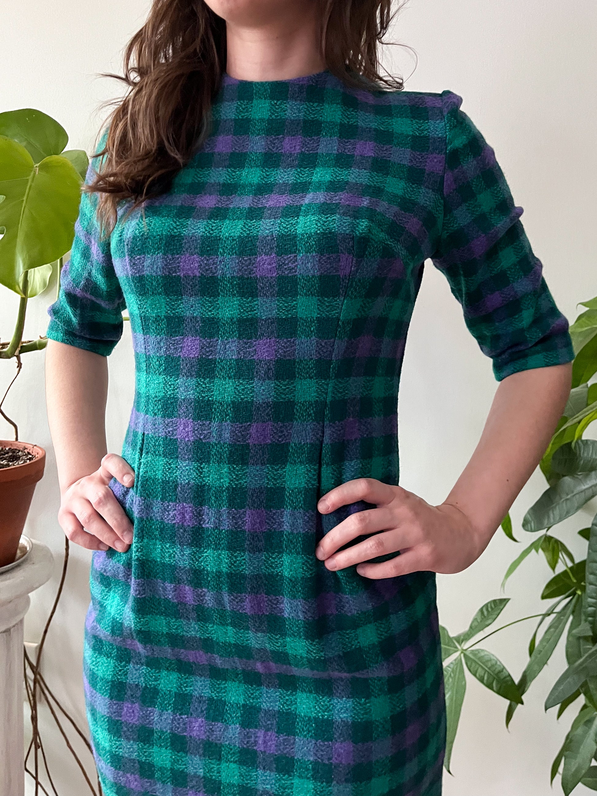 1950s Vintage Purple & Green Plaid Wool Dress, Vest, and Scarf 3 Piece Set 1950s Vintage Purple & Green Plaid Wool Dress, Vest, and Scarf 3 Piece Set