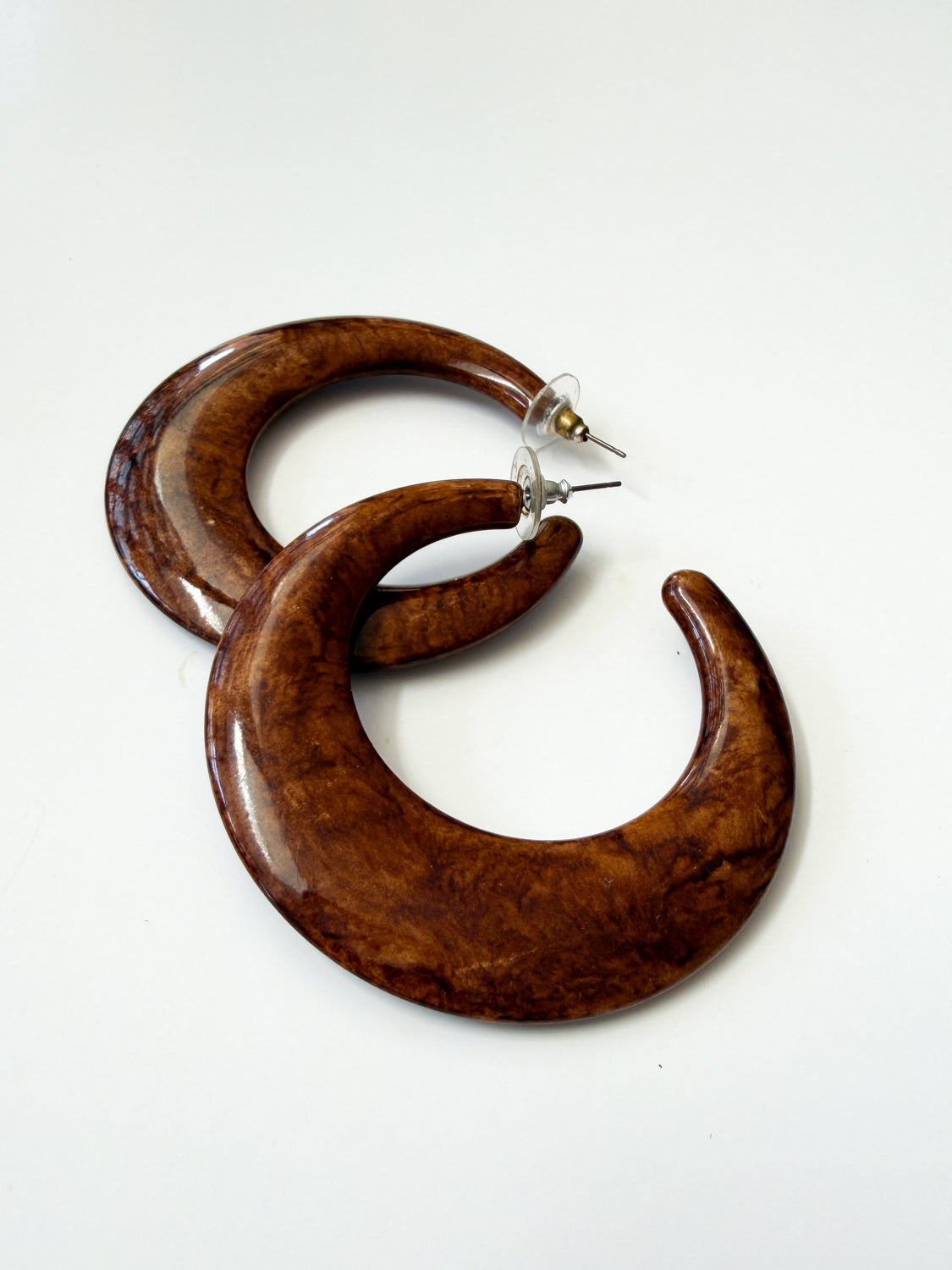 1970s Vintage Dark Wooden Hoop Crescent Earrings