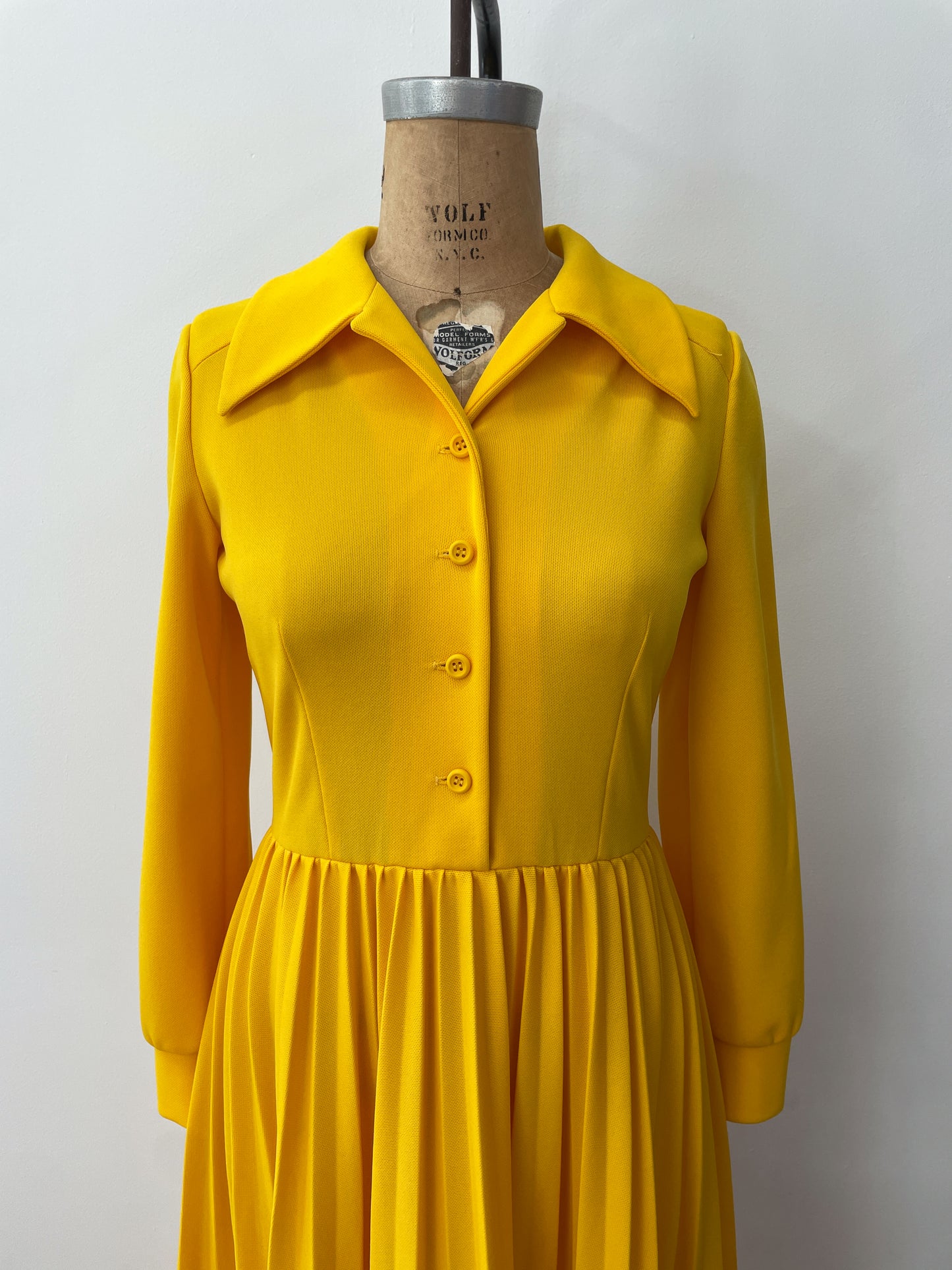 1970s Vintage Bright Yellow Pleated Maxi Dress