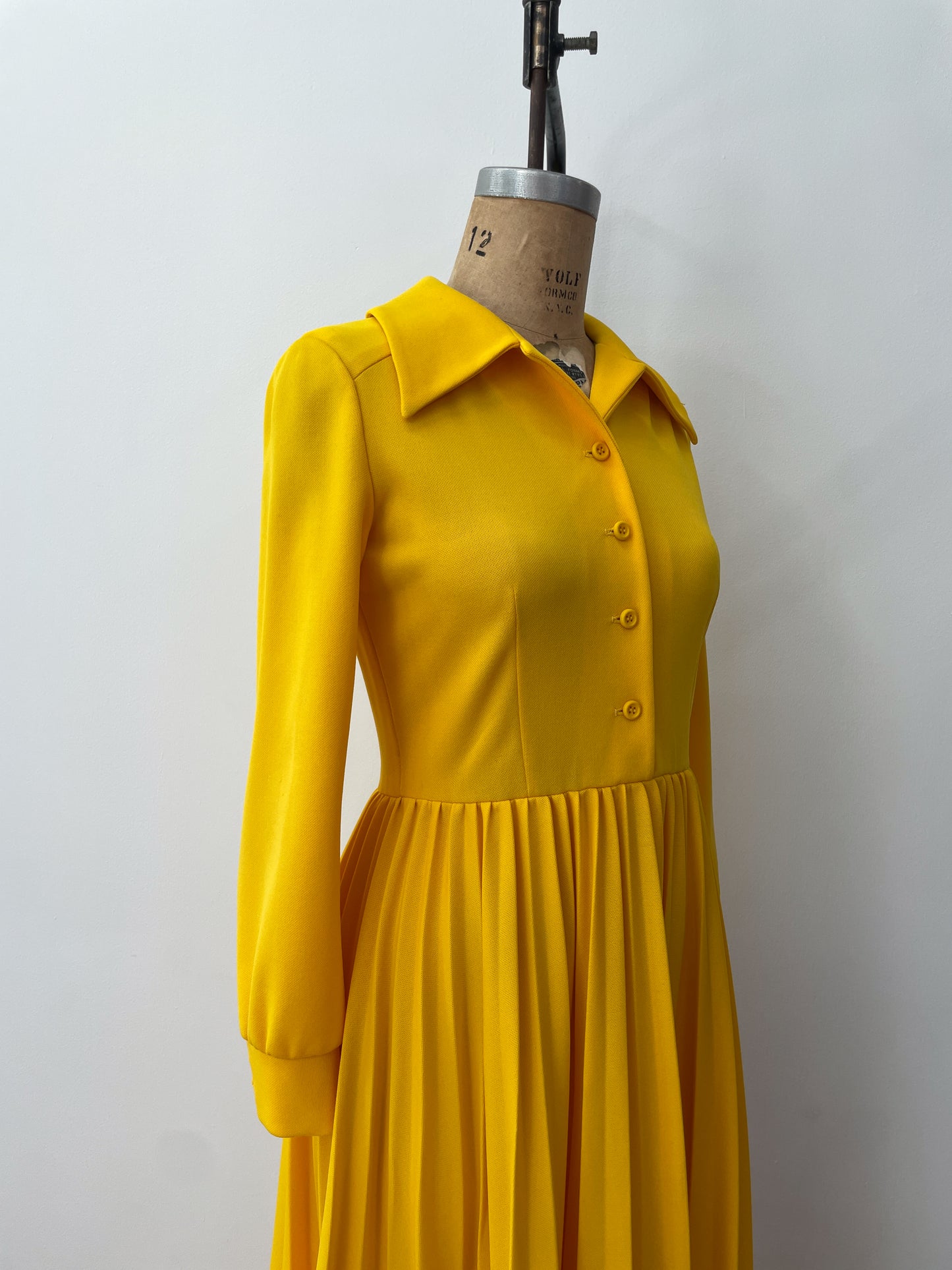 1970s Vintage Bright Yellow Pleated Maxi Dress