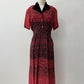 1950s Stunning Black and Red Zig Zag Dress with Velvet and Rhinestones