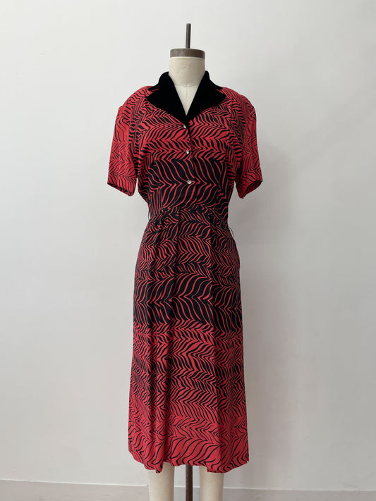 1950s Stunning Black and Red Zig Zag Dress with Velvet and Rhinestones
