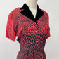 1950s Stunning Black and Red Zig Zag Dress with Velvet and Rhinestones