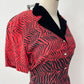 1950s Stunning Black and Red Zig Zag Dress with Velvet and Rhinestones