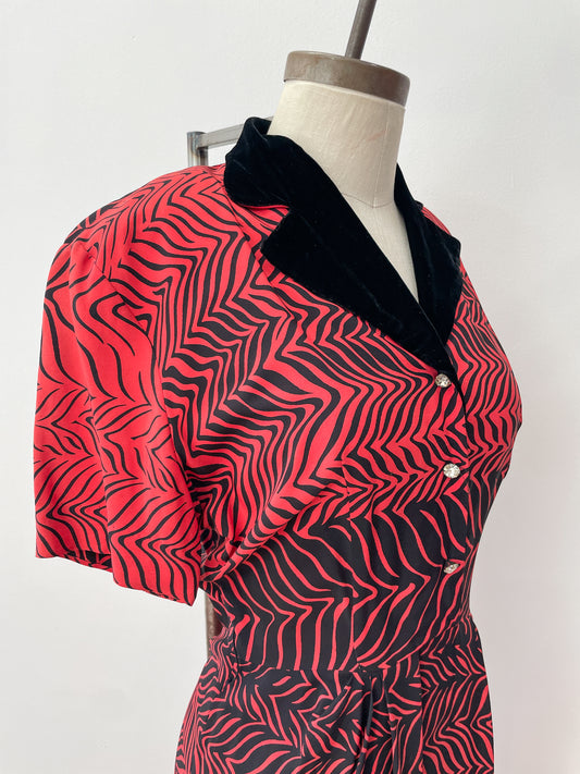 1950s Stunning Black and Red Zig Zag Dress with Velvet and Rhinestones