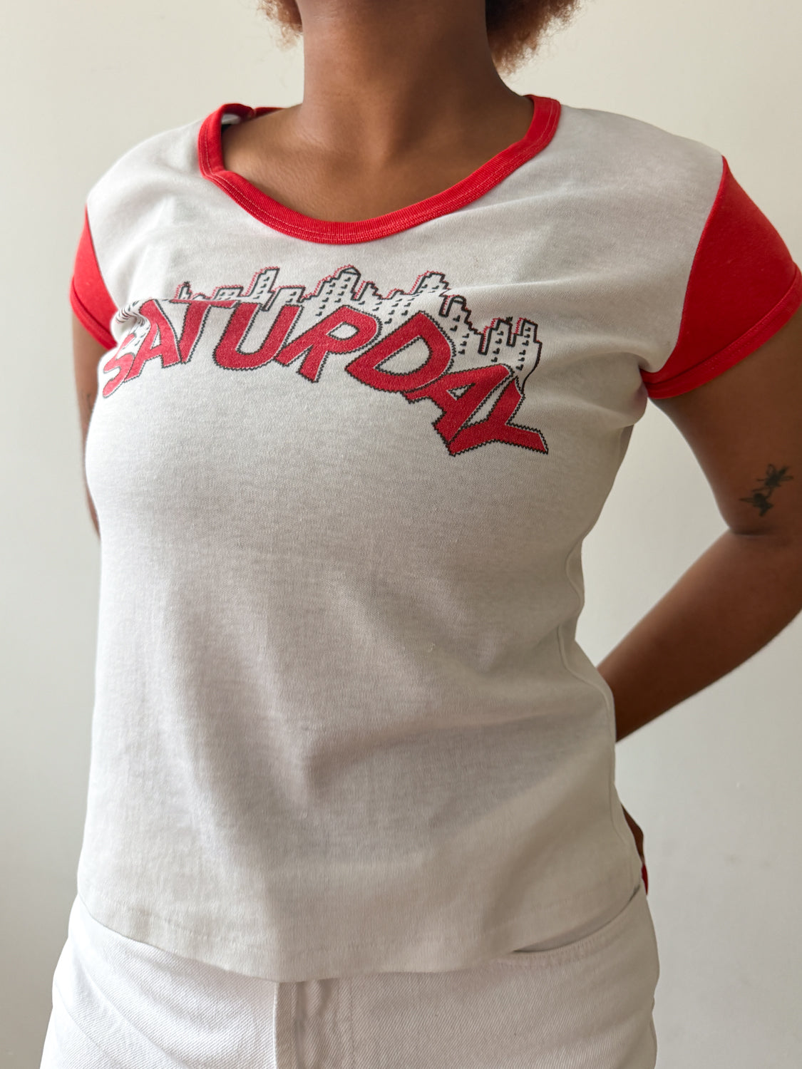 1970s Vintage "Saturday" Skyline Cap Sleeve Athletic Babydoll Tee