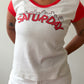1970s Vintage "Saturday" Skyline Cap Sleeve Athletic Babydoll Tee