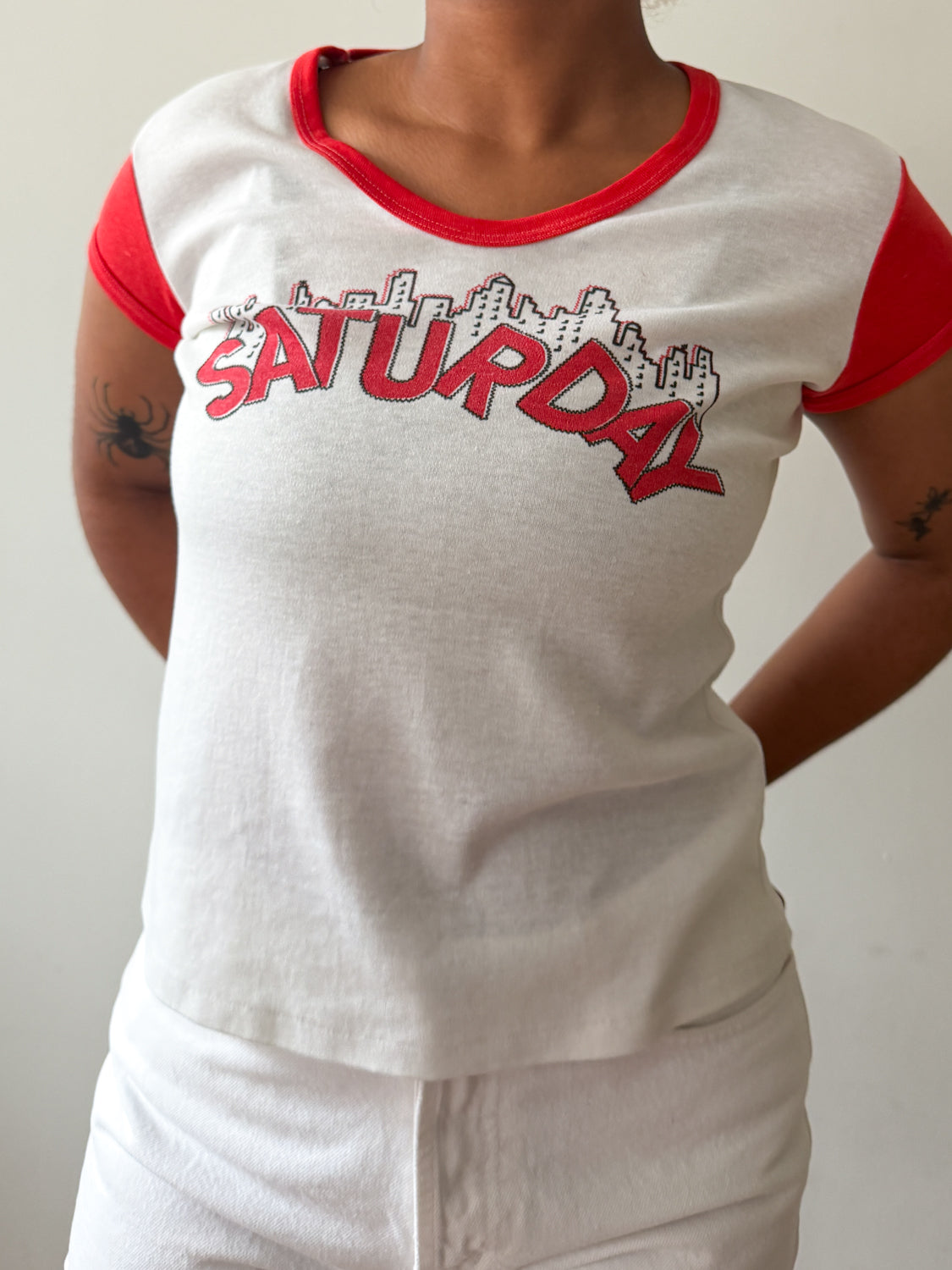 1970s Vintage "Saturday" Skyline Cap Sleeve Athletic Babydoll Tee