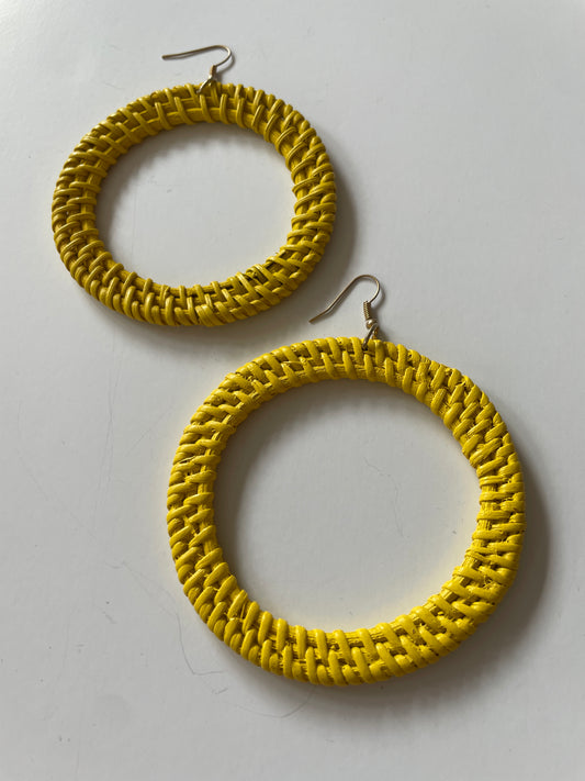 1970s Vintage Yellow Wicker Large Hoop Earrings