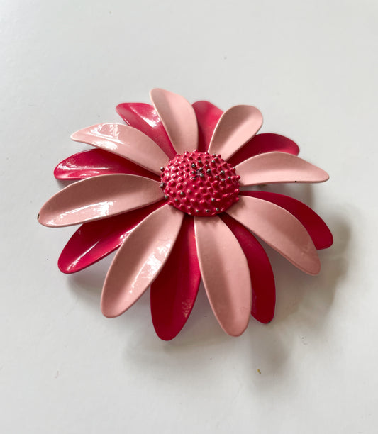 1970s Mod Two Tone Pink Daisy Enamel Flower Pinback Brooch