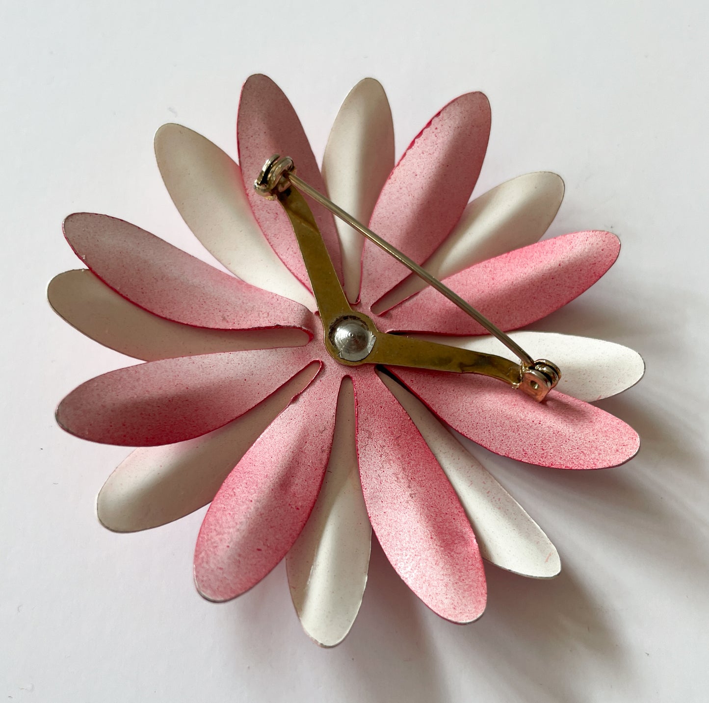 1970s Mod Two Tone Pink Daisy Enamel Flower Pinback Brooch