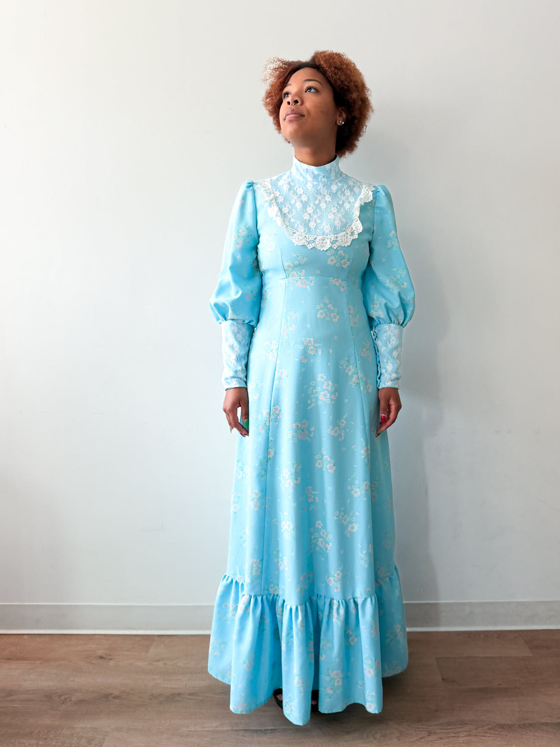 1970s Vintage Baby Blue Lace Edwardian Prairie Gown
