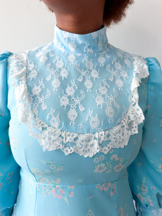 1970s Vintage Baby Blue Lace Edwardian Prairie Gown