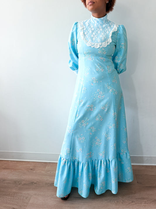 1970s Vintage Baby Blue Lace Edwardian Prairie Gown