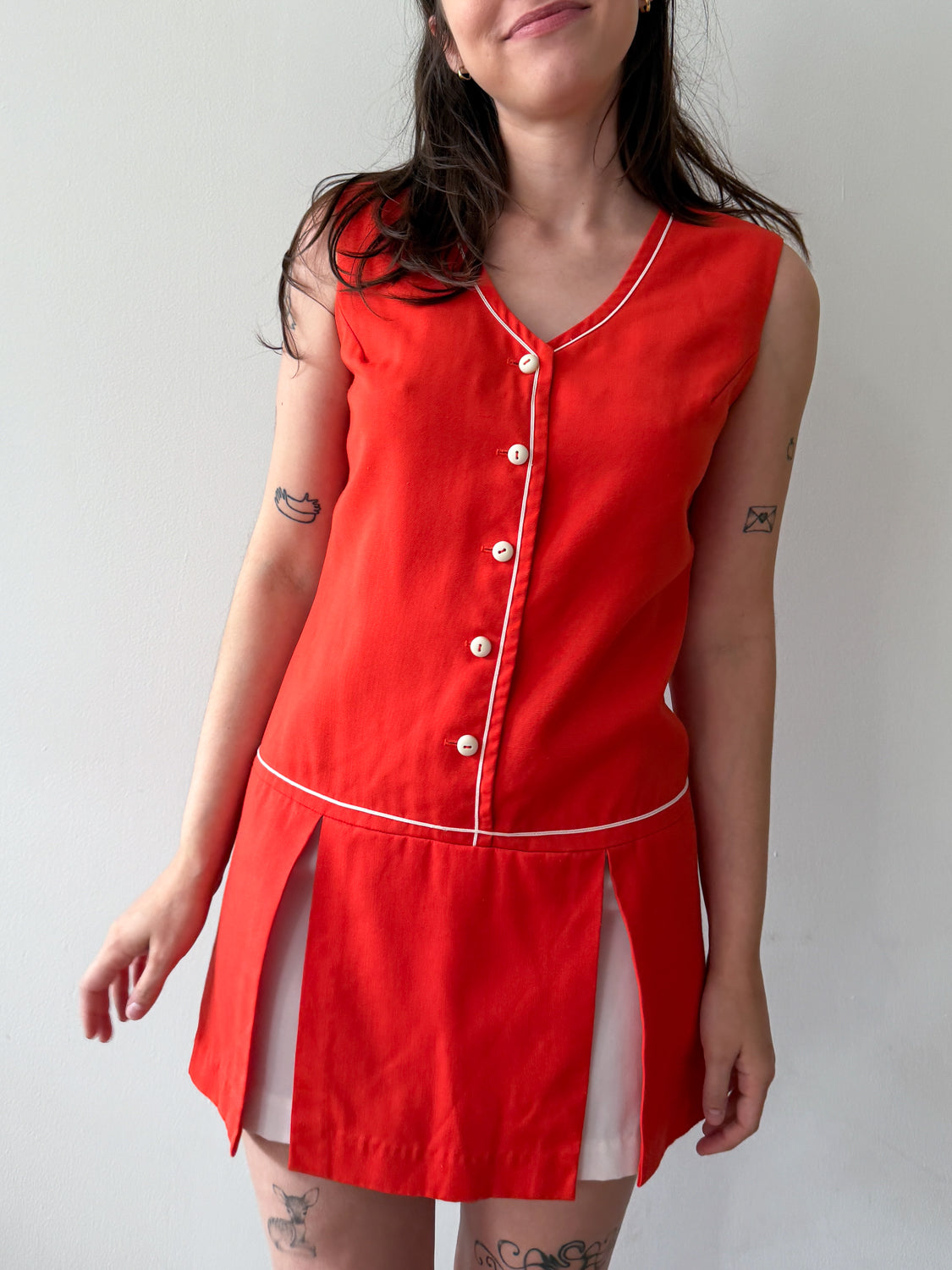 1960s Vintage Cherry Red Mod Peekaboo Mini Dress with Built in Shorts