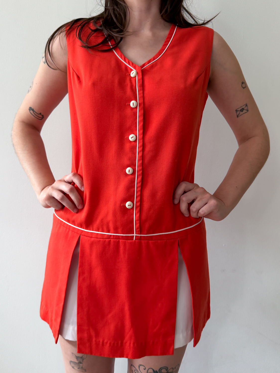 1960s Vintage Cherry Red Mod Peekaboo Mini Dress with Built in Shorts
