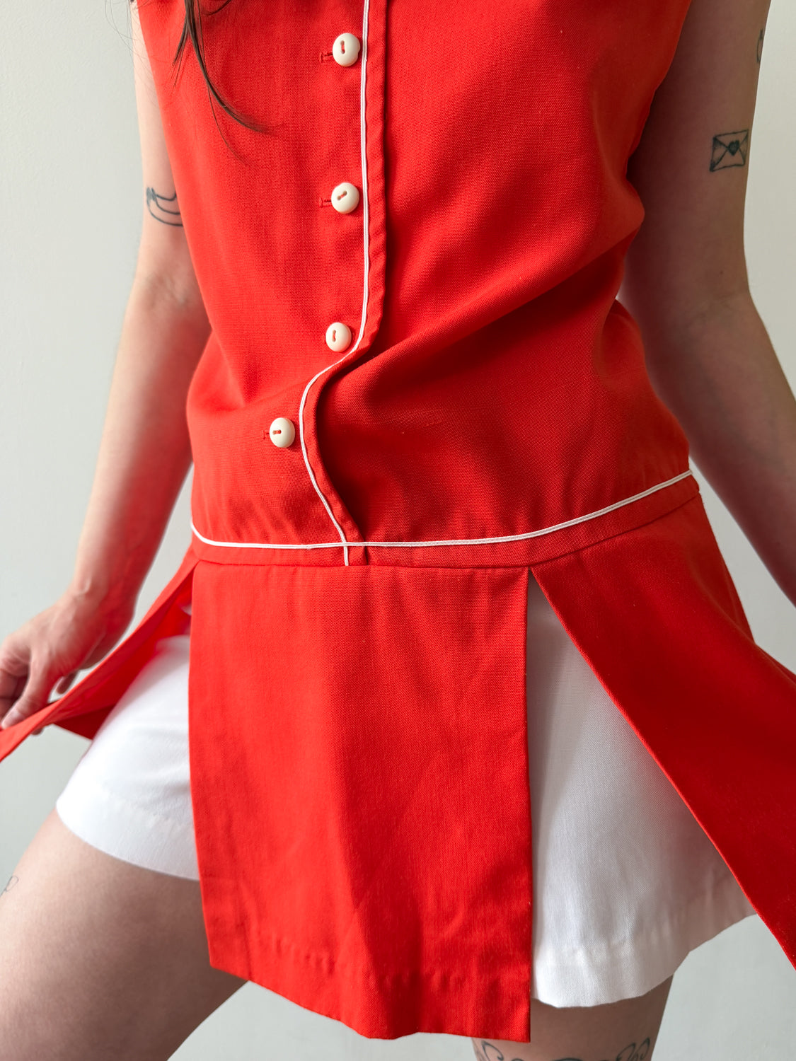 1960s Vintage Cherry Red Mod Peekaboo Mini Dress with Built in Shorts