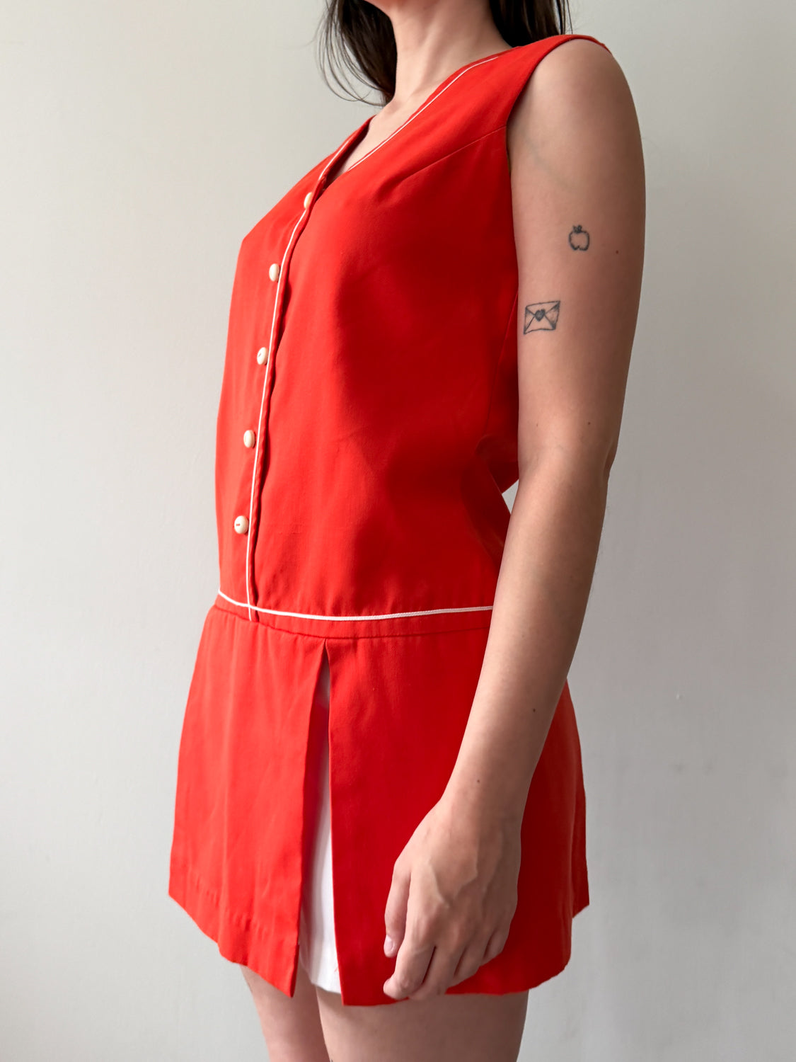 1960s Vintage Cherry Red Mod Peekaboo Mini Dress with Built in Shorts