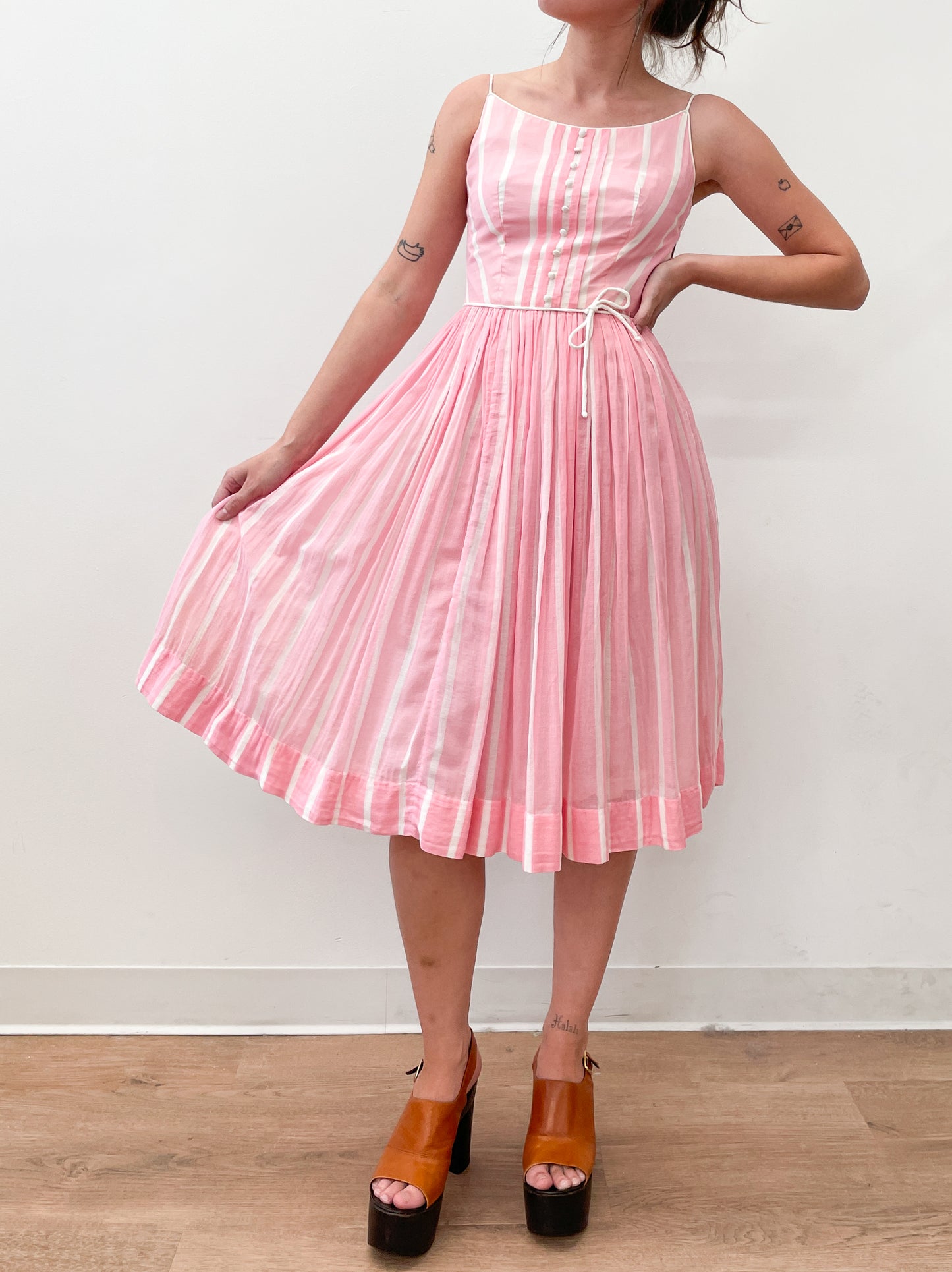 1950s Vintage Pink & White Vertical Stripe Party Dress by Lanz