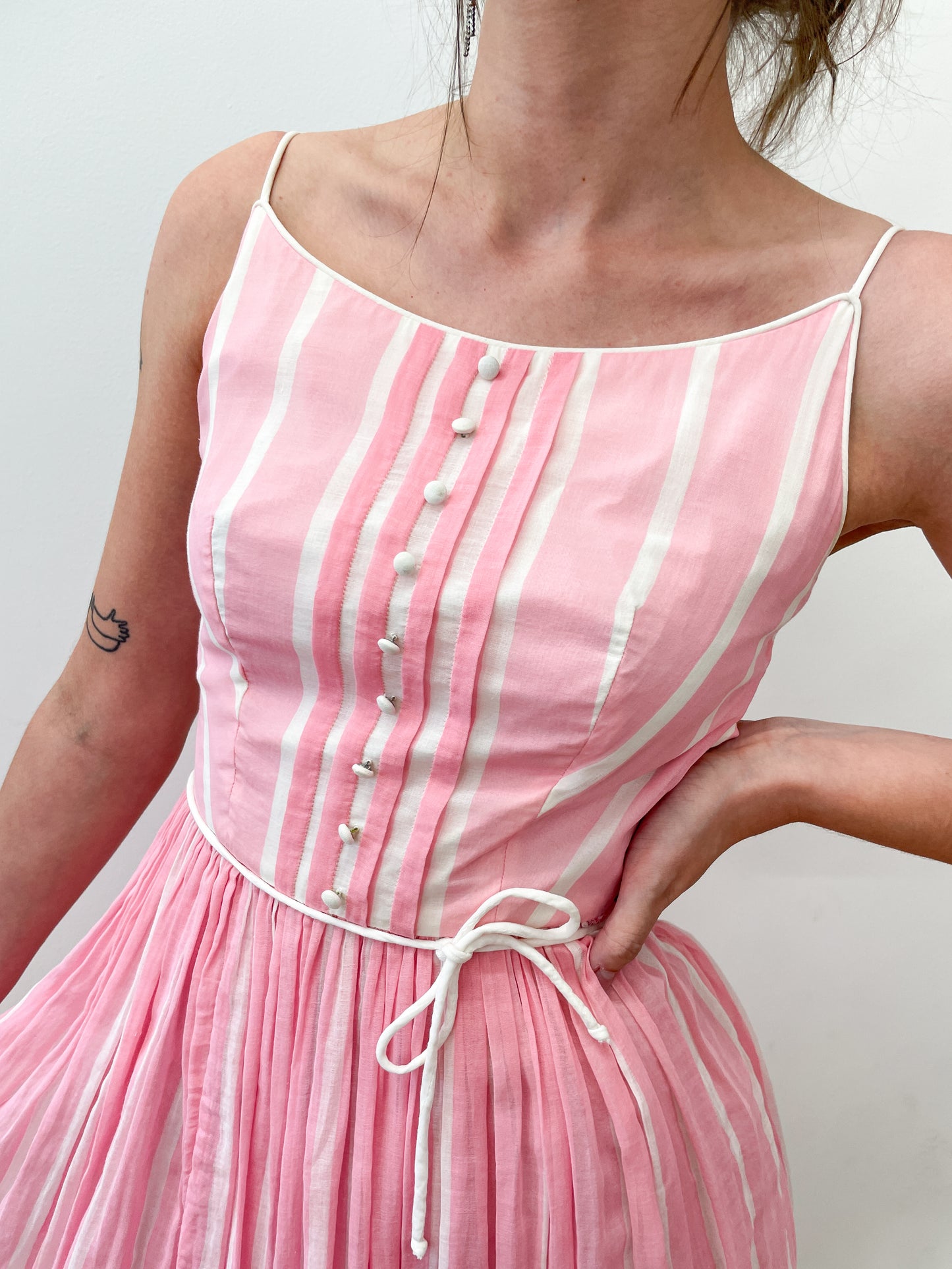 1950s Vintage Pink & White Vertical Stripe Party Dress by Lanz