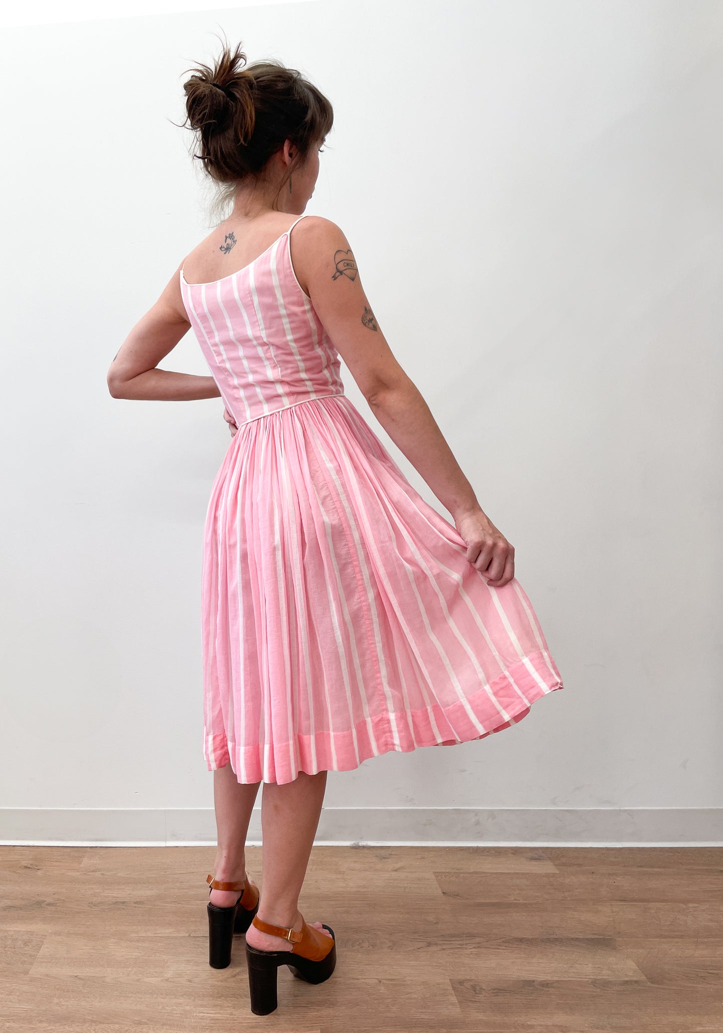 1950s Vintage Pink & White Vertical Stripe Party Dress by Lanz