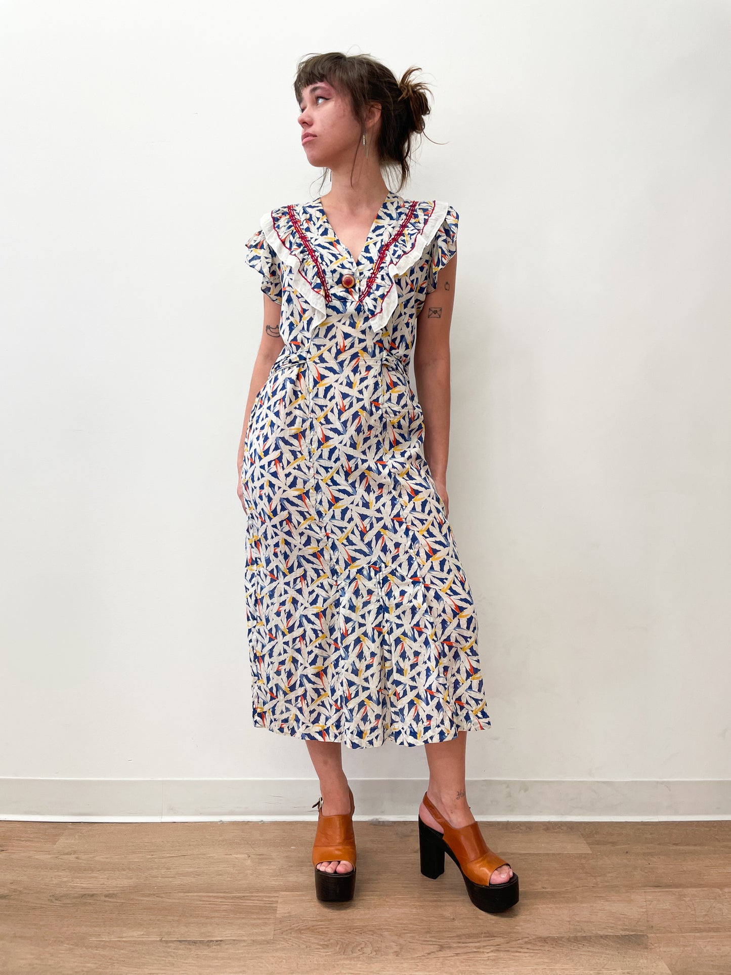 1930s Vintage Sheer Floral Flutter Sleeve Dress by Vanity Fair