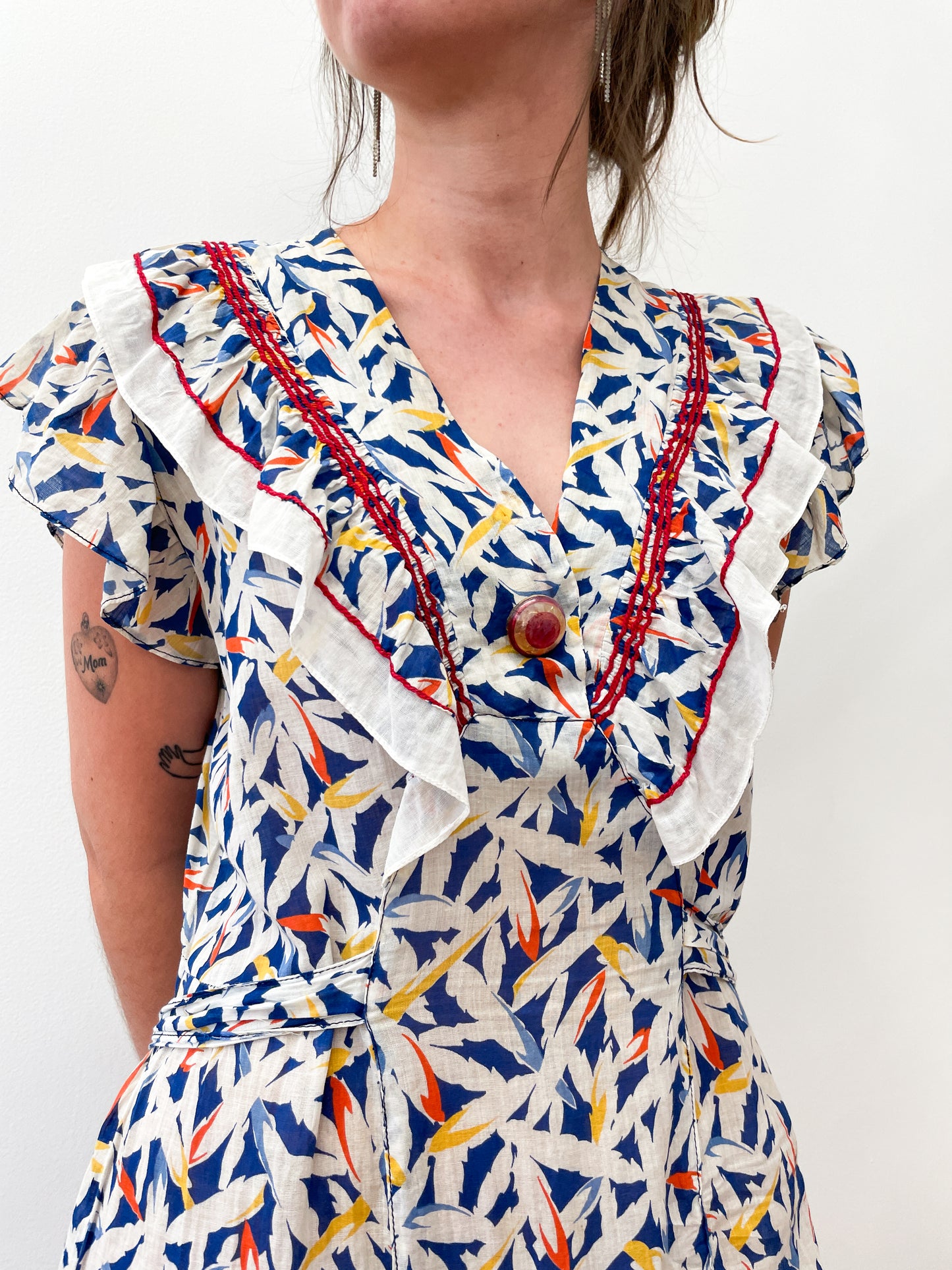 1930s Vintage Sheer Floral Flutter Sleeve Dress by Vanity Fair