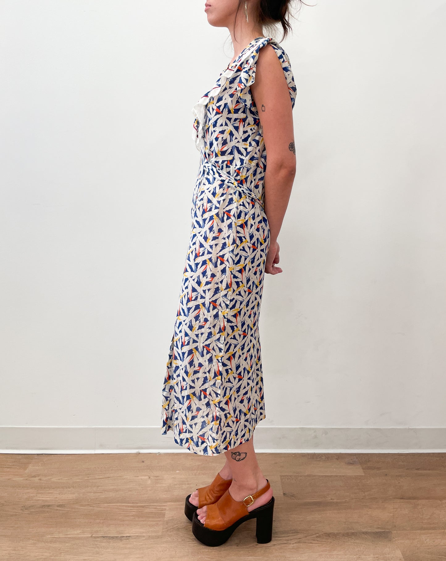 1930s Vintage Sheer Floral Flutter Sleeve Dress by Vanity Fair