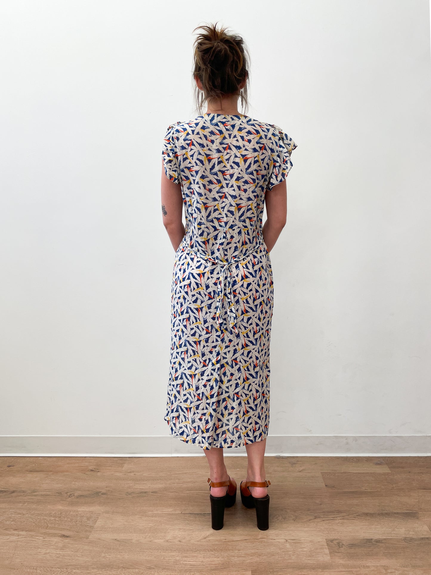 1930s Vintage Sheer Floral Flutter Sleeve Dress by Vanity Fair