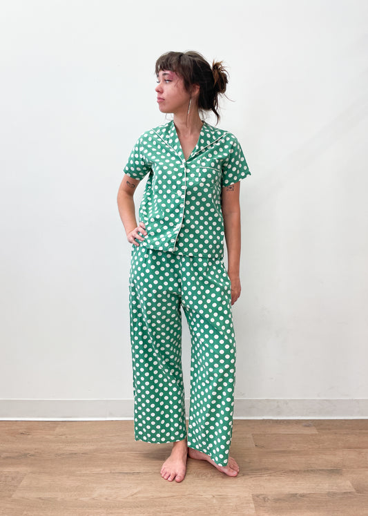 1950s Vintage Green Polka Dot Cotton 3 Piece Pajama Sleep Set